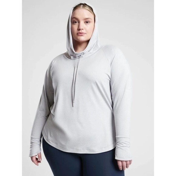 Athleta Grey Uptempo Elevate Lightweight Athletic Longsleeve Hoodie Top Size MT - Picture 1 of 8